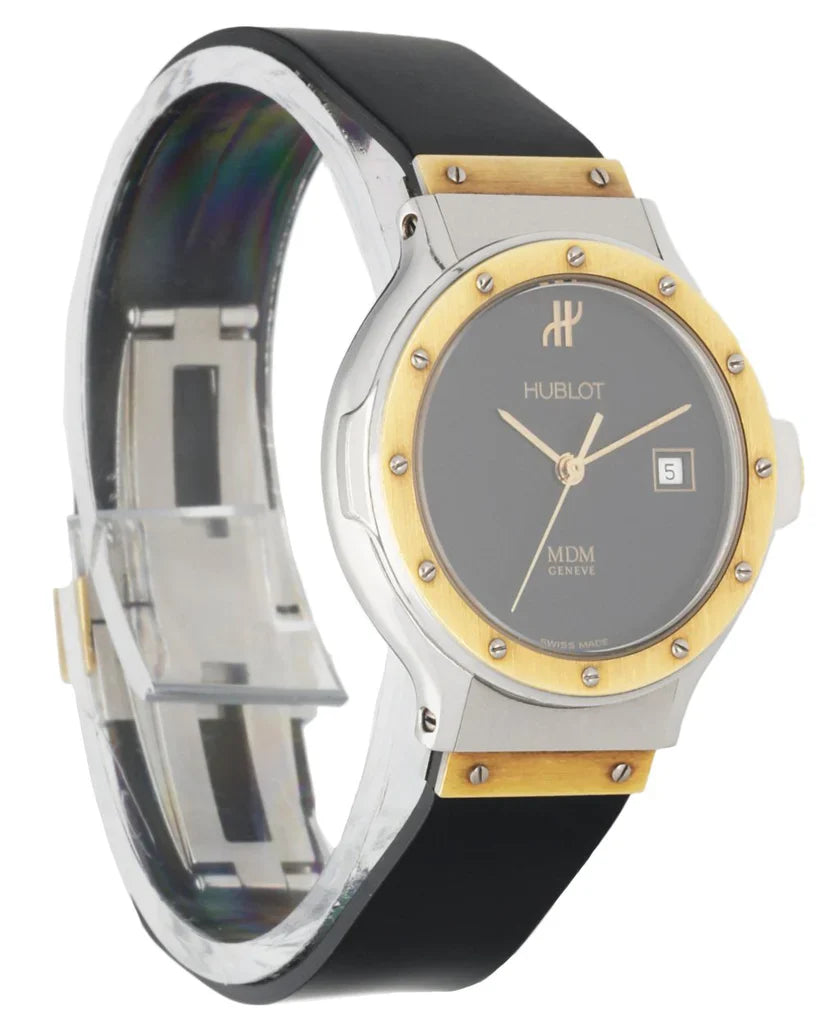 Ladies Hublot Vintage MDM 28mm Two Tone 18K Yellow Gold / Stainless Steel Wristwatch with Black Band. (Pre-Owned)