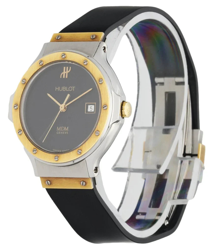 Ladies Hublot Vintage MDM 28mm Two Tone 18K Yellow Gold / Stainless Steel Wristwatch with Black Band. (Pre-Owned)