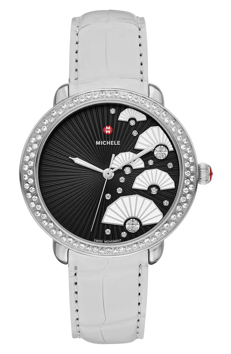 *Ladies Michele Serein 36mm Stainless Steel / White Leather Watch with Black Diamond Fan Dial and Diamond Bezel. (NEW)