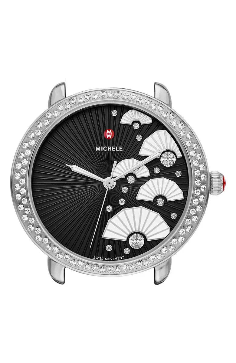 *Ladies Michele Serein 36mm Stainless Steel / White Leather Watch with Black Diamond Fan Dial and Diamond Bezel. (NEW)