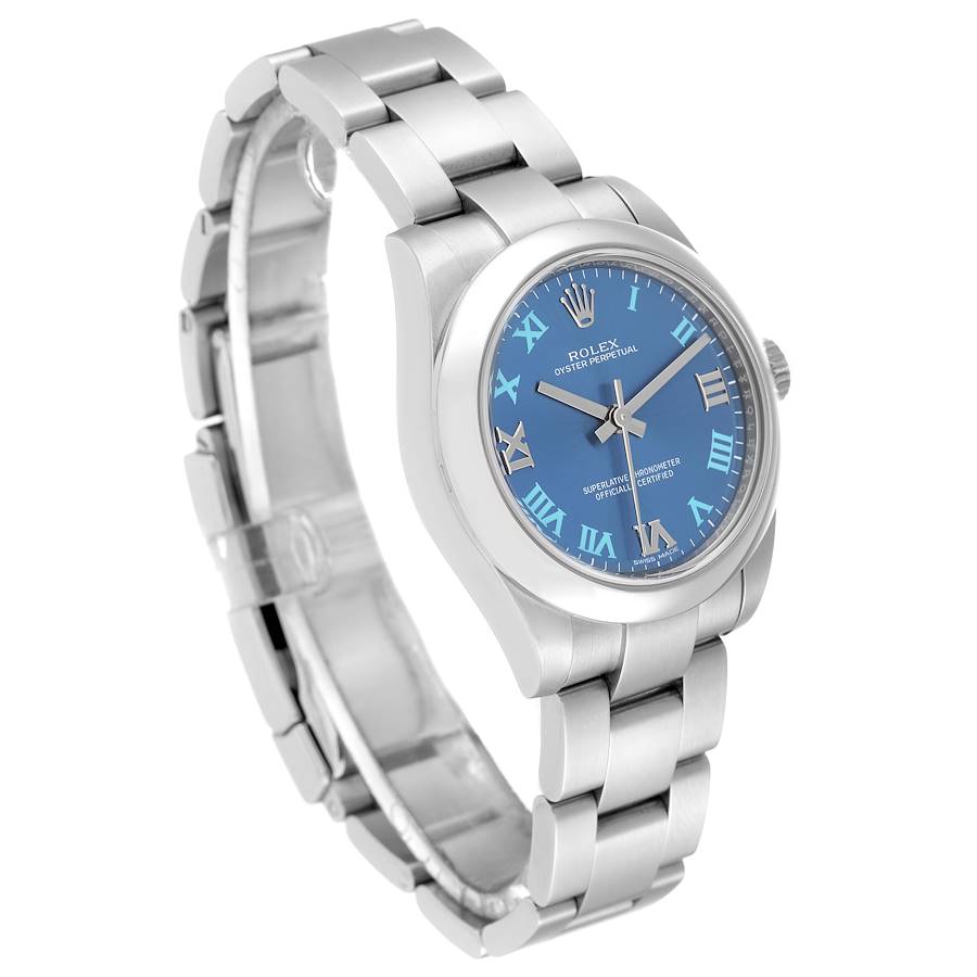 Ladies Midsize Rolex 31mm Oyster Perpetual Stainless Steel Watch with Blue Roman Numeral Dial and Smooth Bezel. (Pre-Owned 177200)