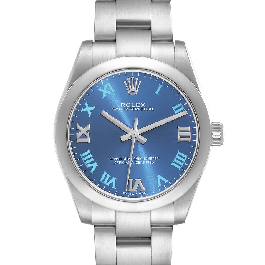 Ladies Midsize Rolex 31mm Oyster Perpetual Stainless Steel Watch with Blue Roman Numeral Dial and Smooth Bezel. (Pre-Owned 177200)