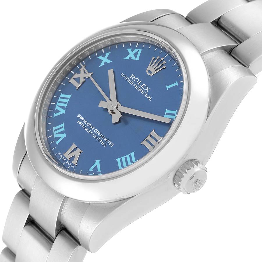 Ladies Midsize Rolex 31mm Oyster Perpetual Stainless Steel Watch with Blue Roman Numeral Dial and Smooth Bezel. (Pre-Owned 177200)