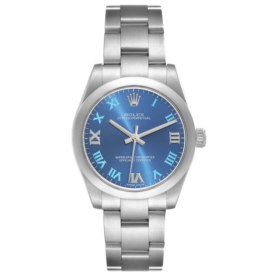 Ladies Midsize Rolex 31mm Oyster Perpetual Stainless Steel Wristwatch w/ Blue Roman Numeral Dial & Smooth Bezel. (Pre-Owned 177200)