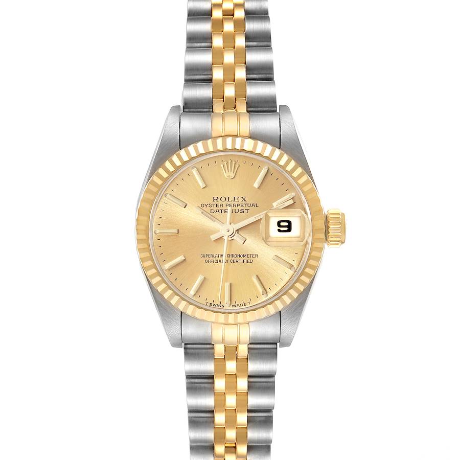 Ladies Rolex 26mm Datejust Two Tone 18K Yellow Gold / Stainless Steel Watch with Champagne Dial and Fluted Bezel. (Pre-Owned 69173)