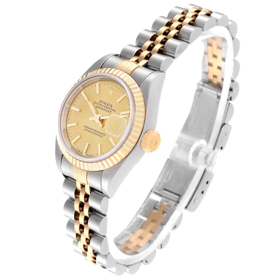 Ladies Rolex 26mm Datejust Two Tone 18K Yellow Gold / Stainless Steel Watch with Champagne Dial and Fluted Bezel. (Pre-Owned 69173)