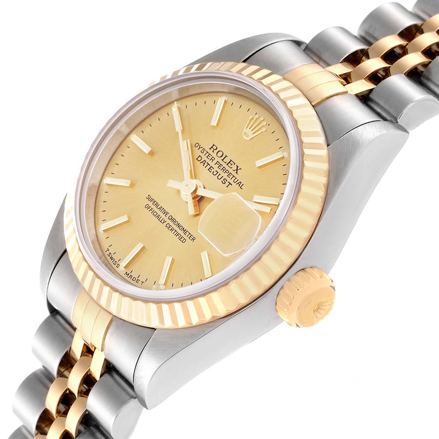 Ladies Rolex 26mm Datejust Two Tone 18K Yellow Gold / Stainless Steel Watch with Champagne Dial and Fluted Bezel. (Pre-Owned 69173)