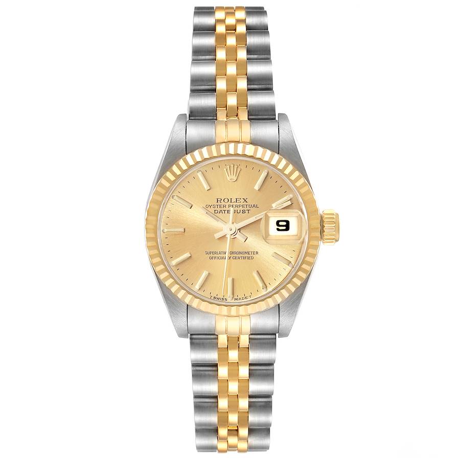 Ladies Rolex 26mm Datejust Two Tone 18K Yellow Gold / Stainless Steel Watch with Champagne Dial and Fluted Bezel. (Pre-Owned 69173)