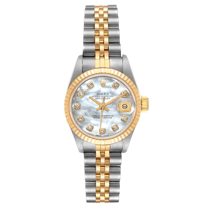 Ladies Rolex 26mm DateJust 18K Yellow Gold / Stainless Steel Two Tone Watch with Mother of Pearl Diamond Dial and Fluted Bezel. (Pre-Owned)
