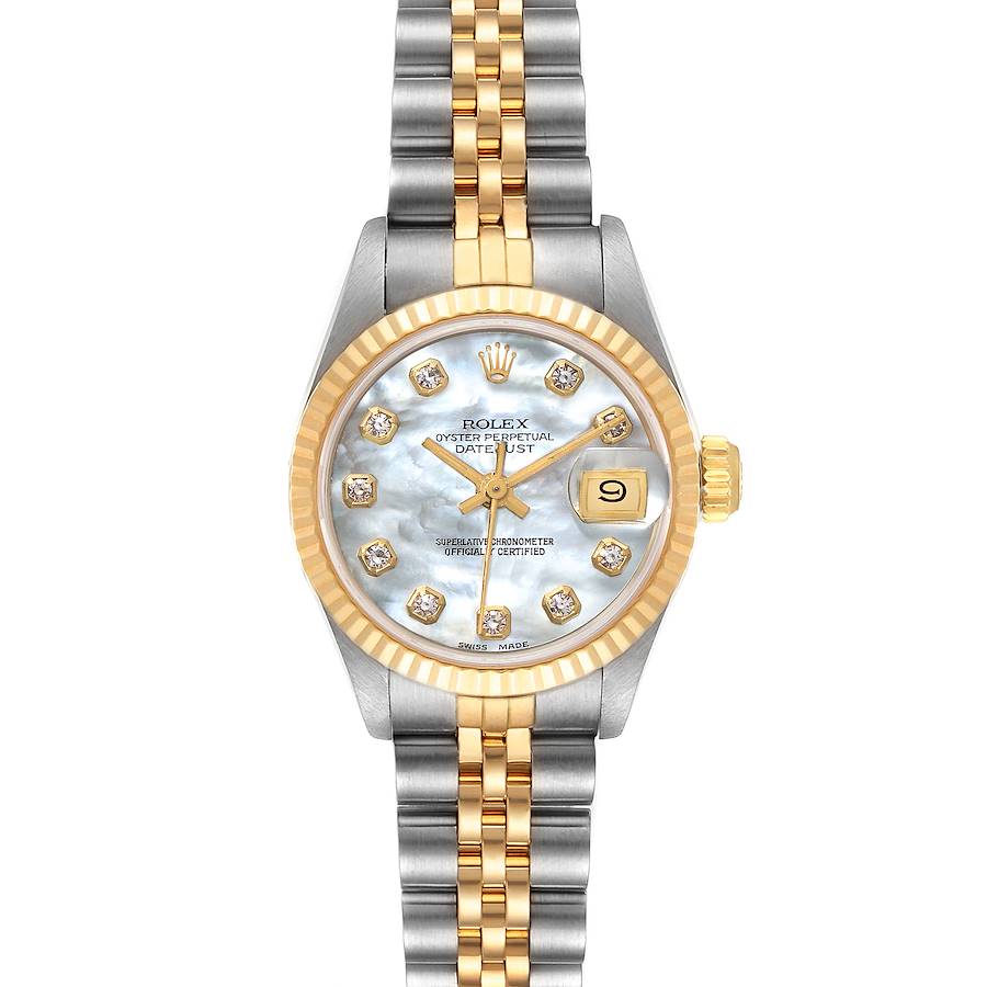 Ladies Rolex 26mm DateJust 18K Yellow Gold / Stainless Steel Two Tone Watch with Mother of Pearl Diamond Dial and Fluted Bezel. (Pre-Owned)