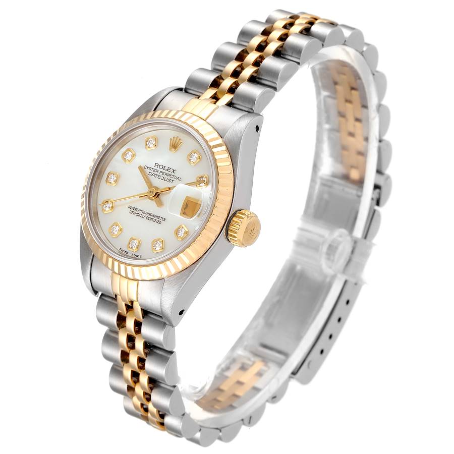 Ladies Rolex 26mm DateJust 18K Yellow Gold / Stainless Steel Two Tone Watch with Mother of Pearl Diamond Dial and Fluted Bezel. (Pre-Owned)
