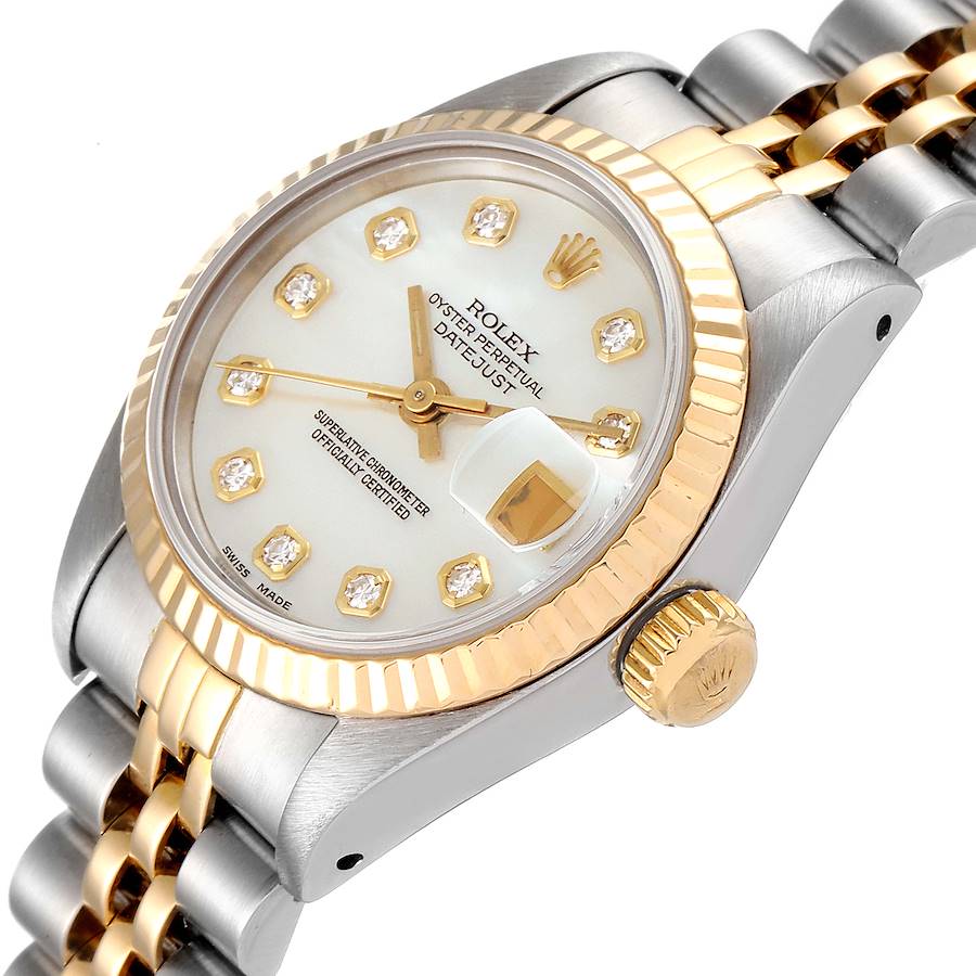 Ladies Rolex 26mm DateJust 18K Yellow Gold / Stainless Steel Two Tone Watch with Mother of Pearl Diamond Dial and Fluted Bezel. (Pre-Owned)
