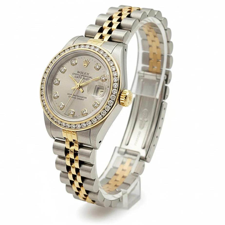 *Ladies Rolex 26mm Datejust 18K Yellow Gold / Stainless Steel Two Tone Watch with Silver Diamond Dial and Diamond Bezel. (Pre-Owned Box/Paper 69173)