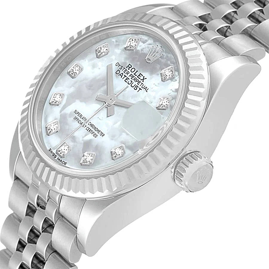 2021 Ladies Rolex 28mm DateJust Stainless Steel Watch with Mother of Pearl Diamond Dial and Fluted Bezel. (Pre-Owned 279174)