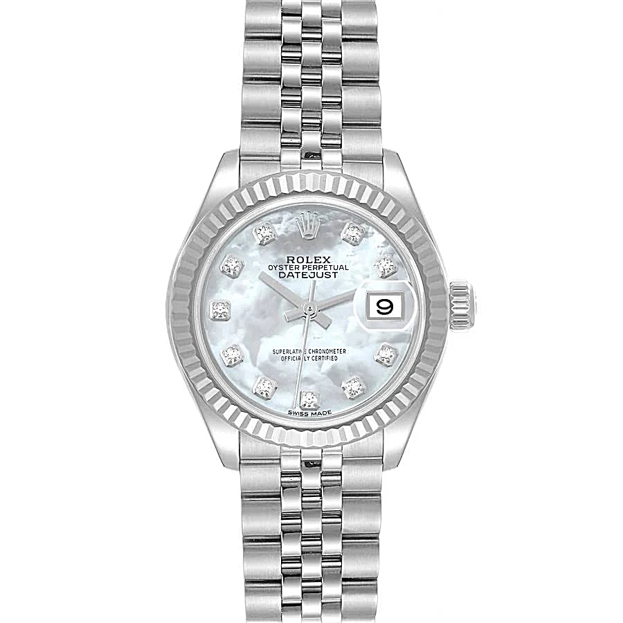 2021 Ladies Rolex 28mm DateJust Stainless Steel Watch with Mother of Pearl Diamond Dial and Fluted Bezel. (Pre-Owned 279174)