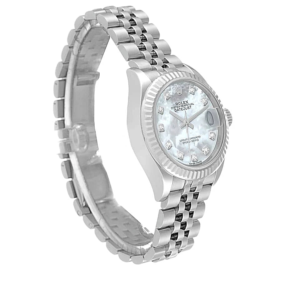 2021 Ladies Rolex 28mm DateJust Stainless Steel Watch with Mother of Pearl Diamond Dial and Fluted Bezel. (Pre-Owned 279174)