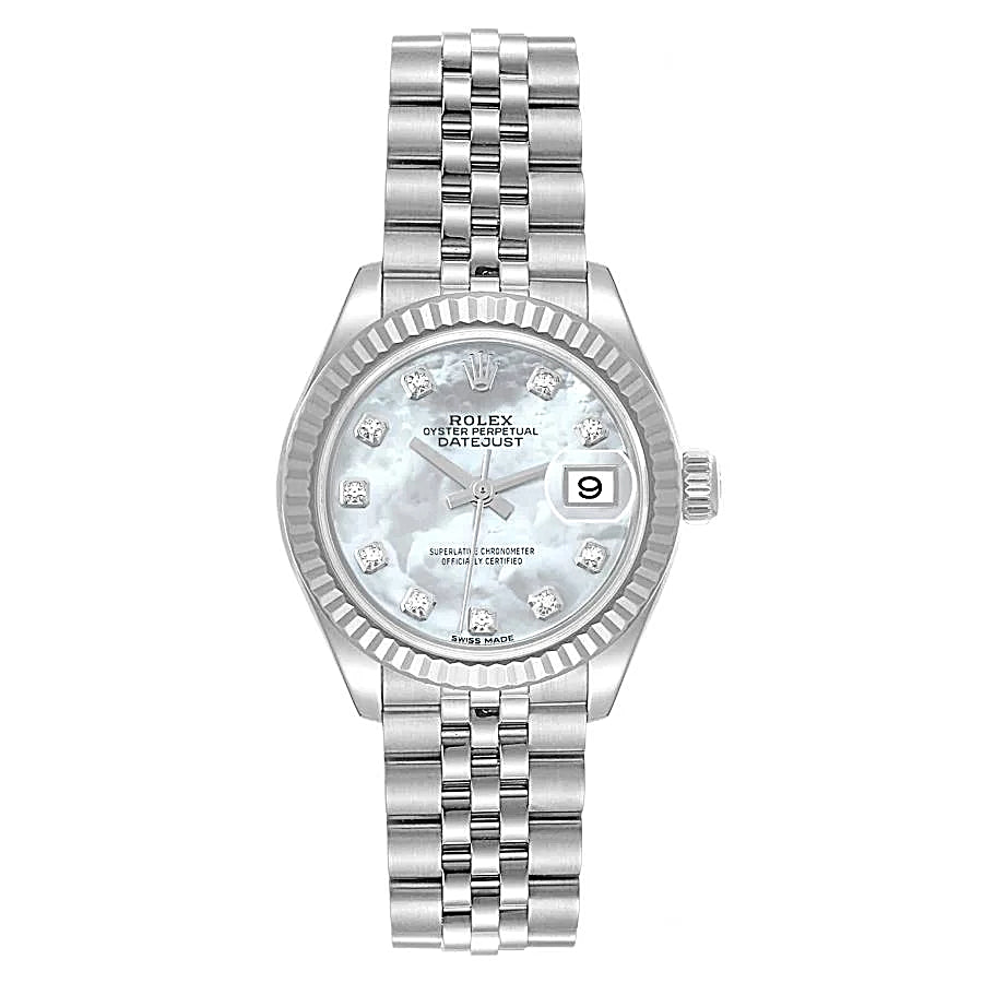 2021 Ladies Rolex 28mm DateJust Stainless Steel Watch with Mother of Pearl Diamond Dial and Fluted Bezel. (Pre-Owned 279174)