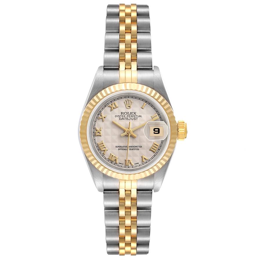 *Ladies Rolex 26mm Datejust Two Tone 18K Yellow Gold / Stainless Steel Watch with Ivory Pyramid Dial and Fluted Bezel. (UNWORN 69173)