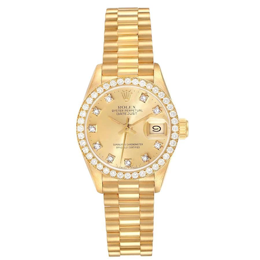 Ladies Rolex 26mm Presidential 18K Solid Yellow Gold Wristwatch w/ Gold Diamond Dial & Diamond Bezel. (Pre-Owned 69138)