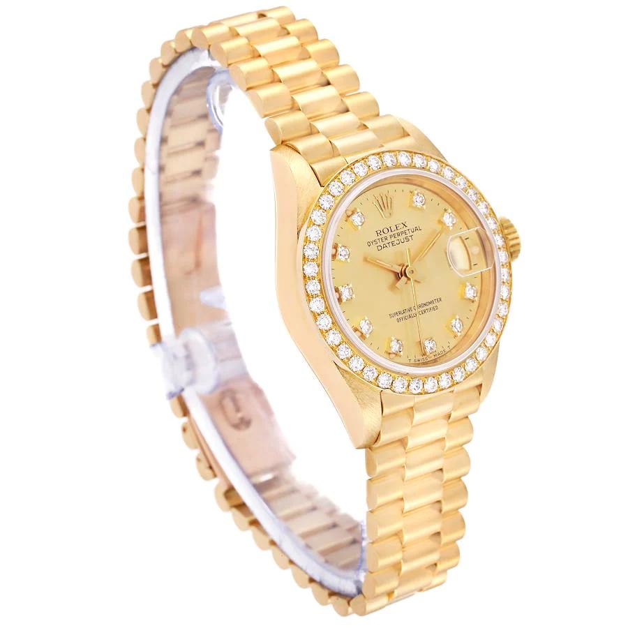 Ladies Rolex 26mm Presidential 18K Solid Yellow Gold Watch with Gold Diamond Dial and Diamond Bezel. (Pre-Owned 69138)