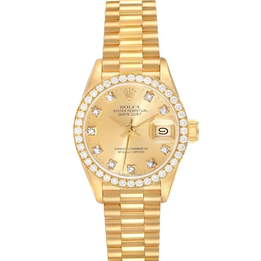 Ladies Rolex 26mm Presidential 18K Solid Yellow Gold Watch with Gold Diamond Dial and Diamond Bezel. (Pre-Owned 69138)