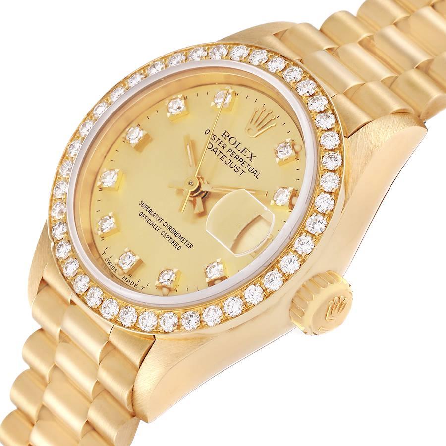 Ladies Rolex 26mm Presidential 18K Solid Yellow Gold Watch with Gold Diamond Dial and Diamond Bezel. (Pre-Owned 69138)