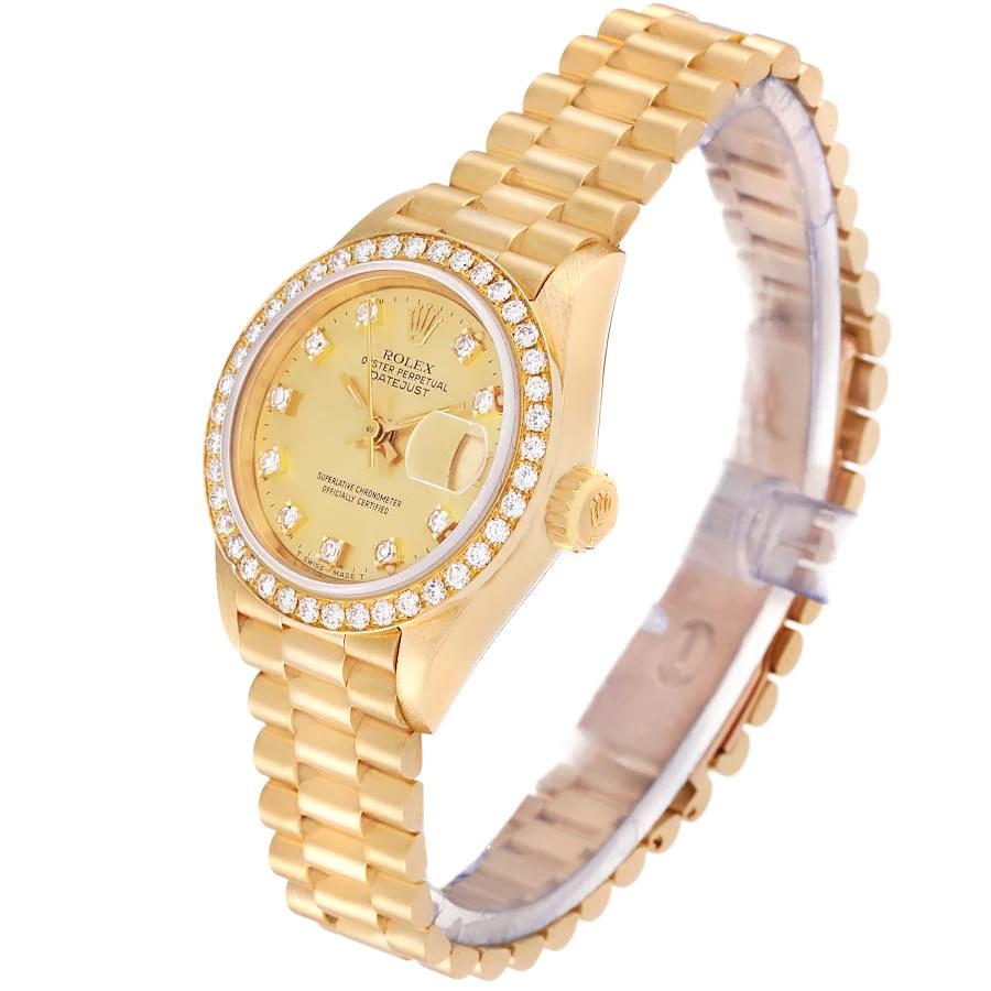 Ladies Rolex 26mm President 18K Solid Yellow Gold Wristwatch with Gold Diamond Dial & Diamond Bezel. (Pre-Owned 69138)