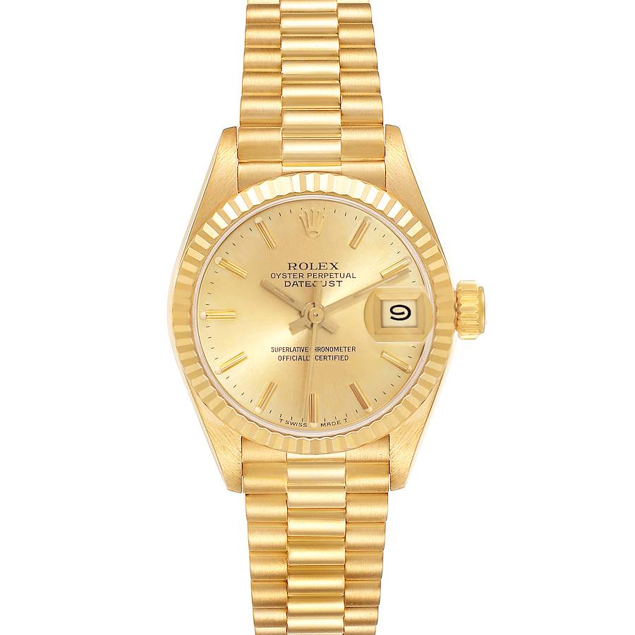 Ladies Rolex 26mm Presidential 18K Solid Yellow Gold Watch with Gold Diamond Dial and Fluted Bezel. (Pre-Owned)