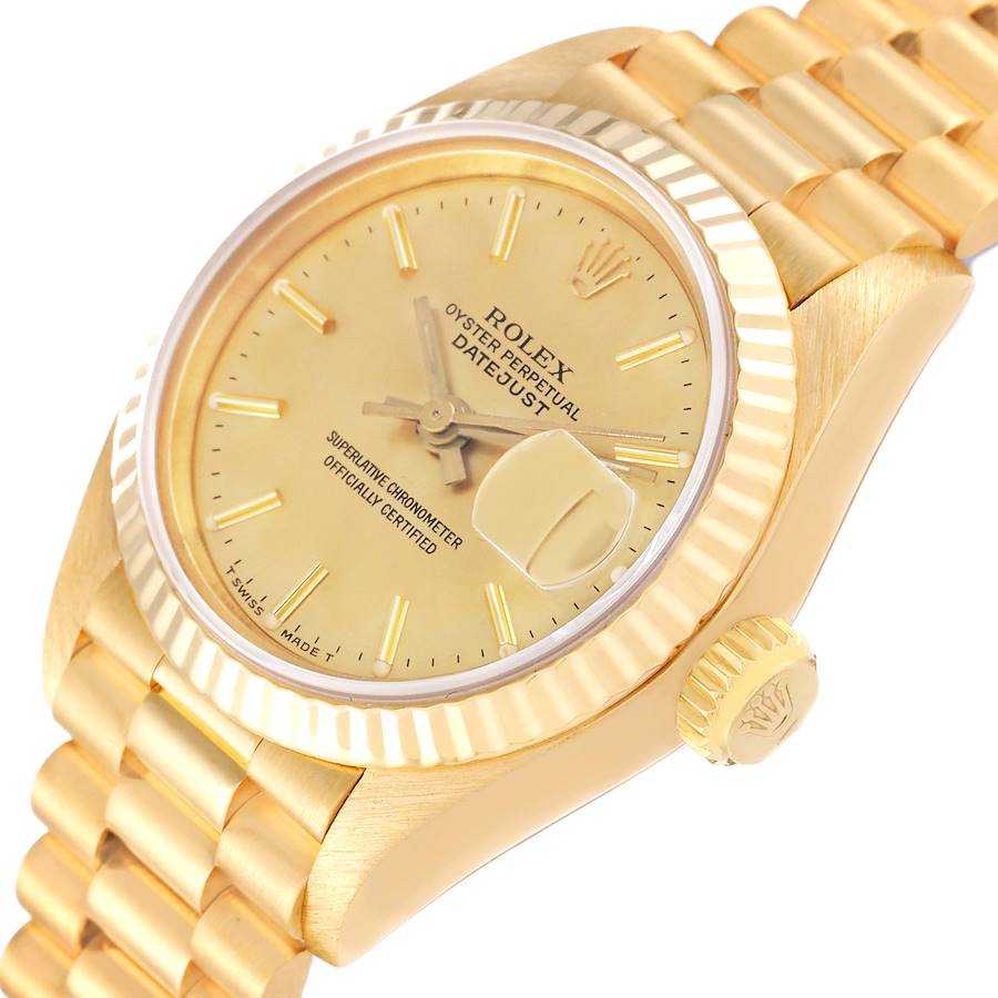 Ladies Rolex 26mm Presidential 18K Solid Yellow Gold Watch with Gold Diamond Dial and Fluted Bezel. (Pre-Owned)