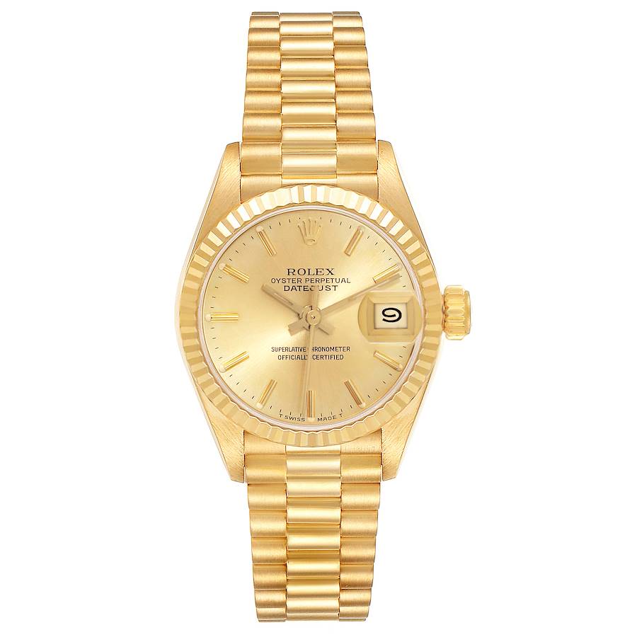 Ladies Rolex 26mm President 18K Solid Yellow Gold Wristwatch with Gold Diamond Dial & Fluted Bezel. (Pre-Owned)