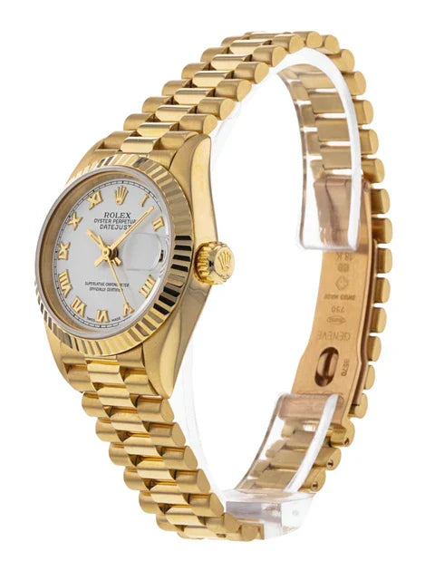 Ladies Rolex 26mm President 18K Solid Yellow Gold Wristwatch with White Dial & Fluted Bezel. (Pre-Owned 79178)