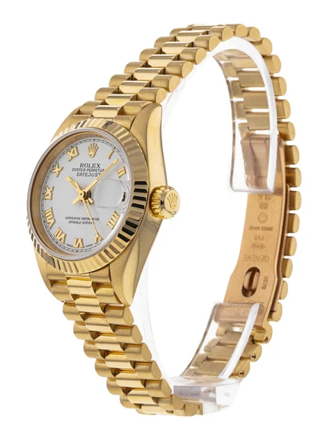 Ladies Rolex 26mm Presidential 18K Solid Yellow Gold Watch with White Dial and Fluted Bezel. (Pre-Owned 79178)