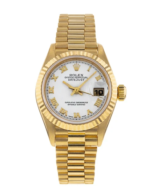 Ladies Rolex 26mm Presidential 18K Solid Yellow Gold Watch with White Dial and Fluted Bezel. (Pre-Owned 79178)