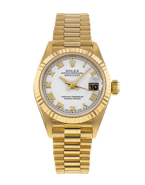 Ladies Rolex 26mm President 18K Solid Yellow Gold Wristwatch with White Dial & Fluted Bezel. (Pre-Owned 79178)