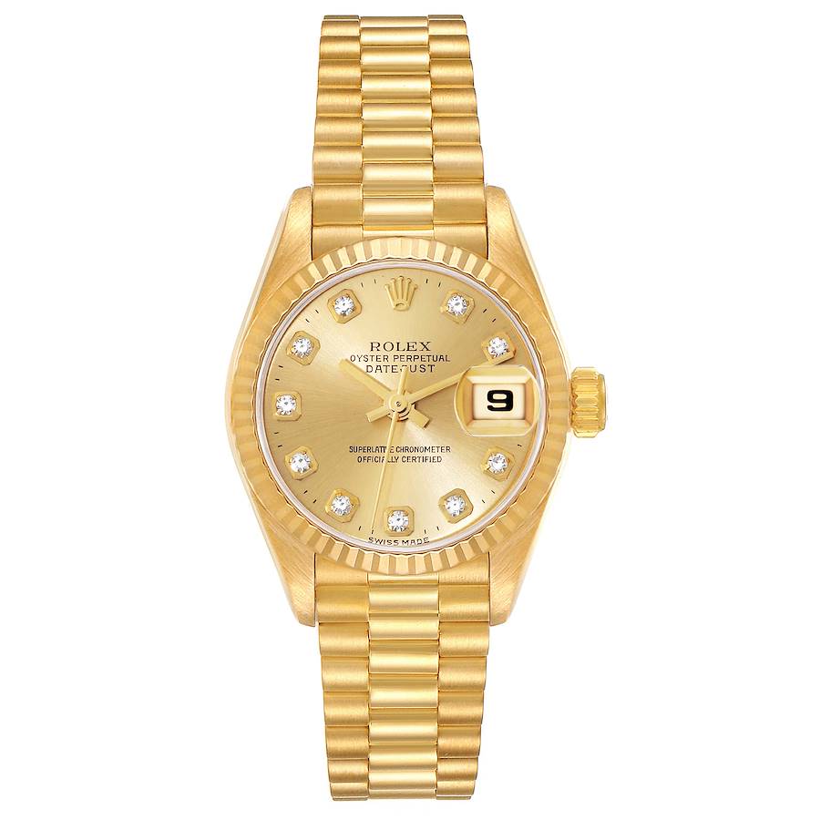 Ladies Rolex 26mm Presidential 18K Yellow Gold Watch with Gold Diamond Dial and Fluted Bezel. (Pre-Owned 69178)