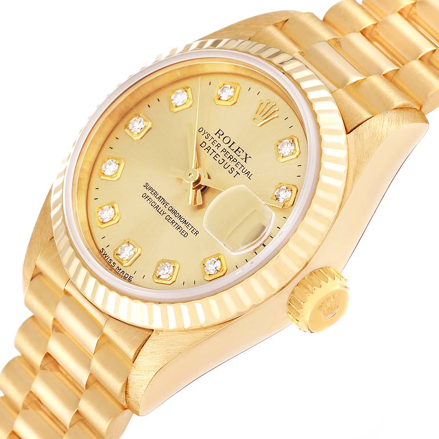 Ladies Rolex 26mm Presidential 18K Yellow Gold Watch with Gold Diamond Dial and Fluted Bezel. (Pre-Owned 69178)