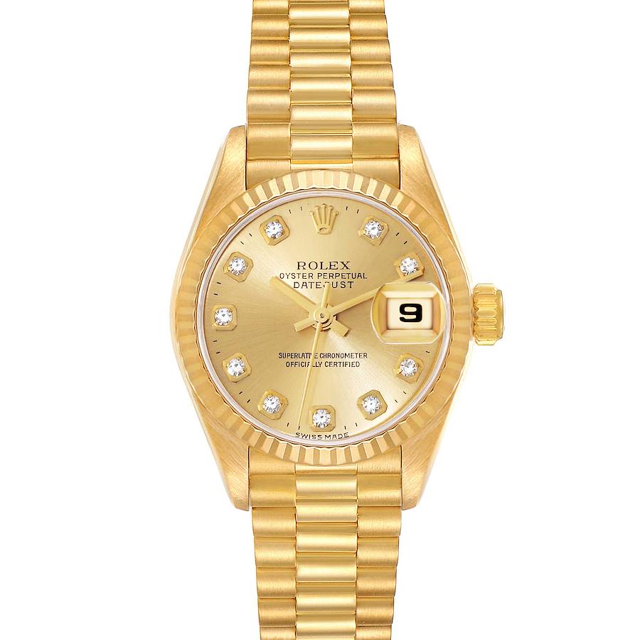 Ladies Rolex 26mm Presidential 18K Yellow Gold Watch with Gold Diamond Dial and Fluted Bezel. (Pre-Owned 69178)