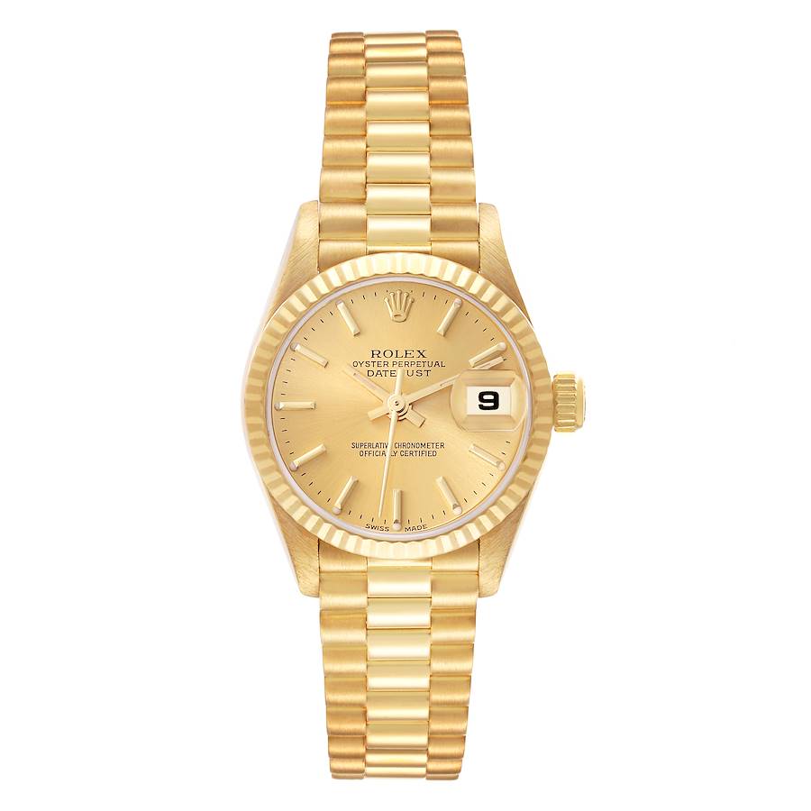 Ladies Rolex 26mm Presidential Solid 18K Yellow Gold Watch with Gold Dial and Fluted Bezel. (Pre-Owned)