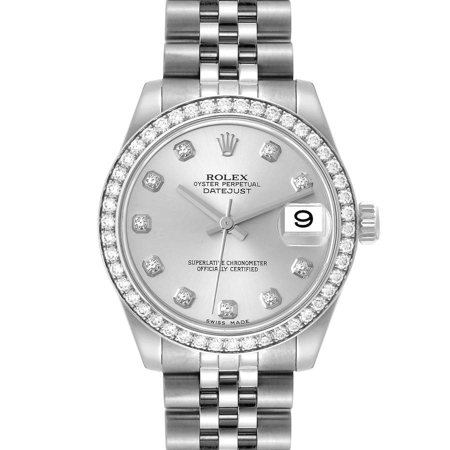 Ladies Rolex 31mm Midsize DateJust Stainless Steel Watch with Silver Diamond Dial and Diamond Bezel. (Pre-Owned 178384)
