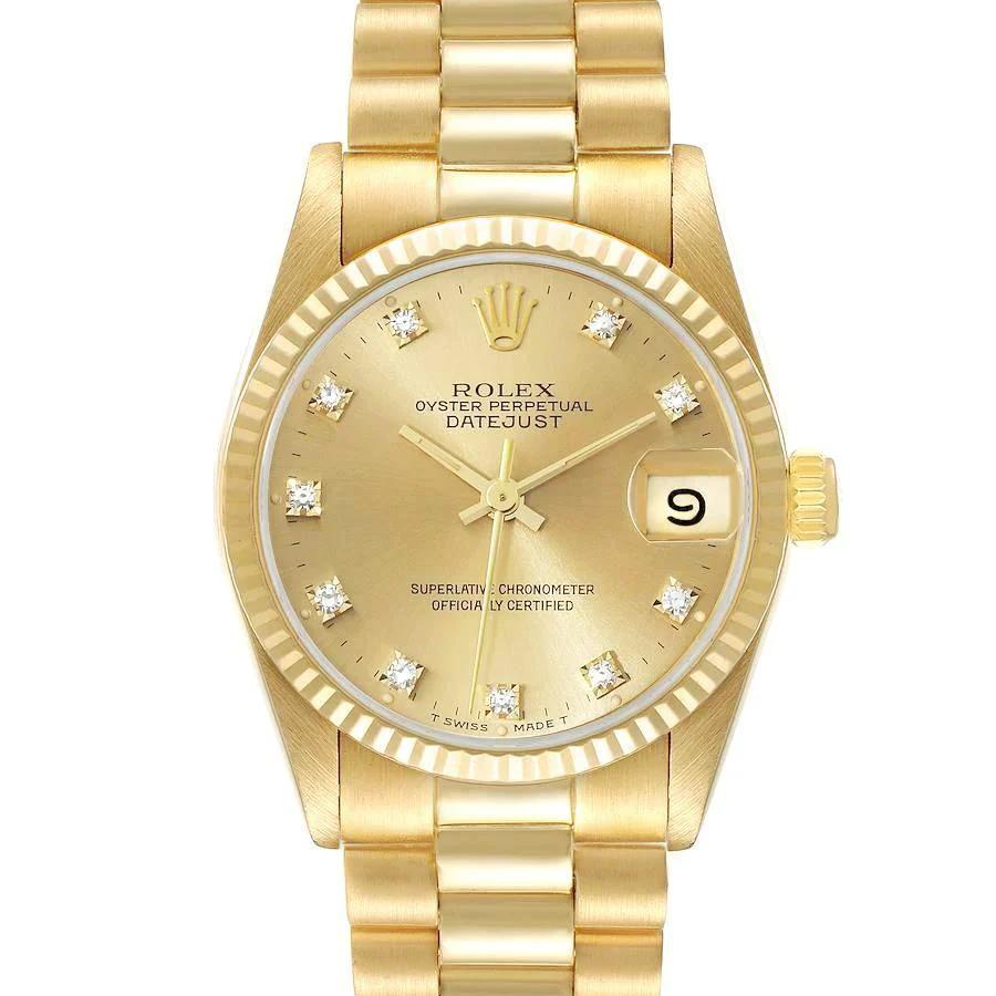 Ladies Rolex 31mm Midsize Presidential 18K Solid Yellow Gold Watch with Champagne Diamond Dial and Fluted Bezel. (Pre-Owned)