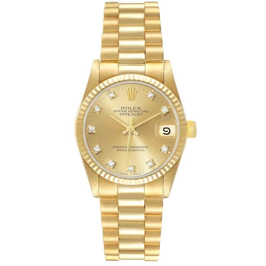 Ladies Rolex 31mm Midsize Presidential 18K Solid Yellow Gold Watch with Champagne Diamond Dial and Fluted Bezel. (Pre-Owned)