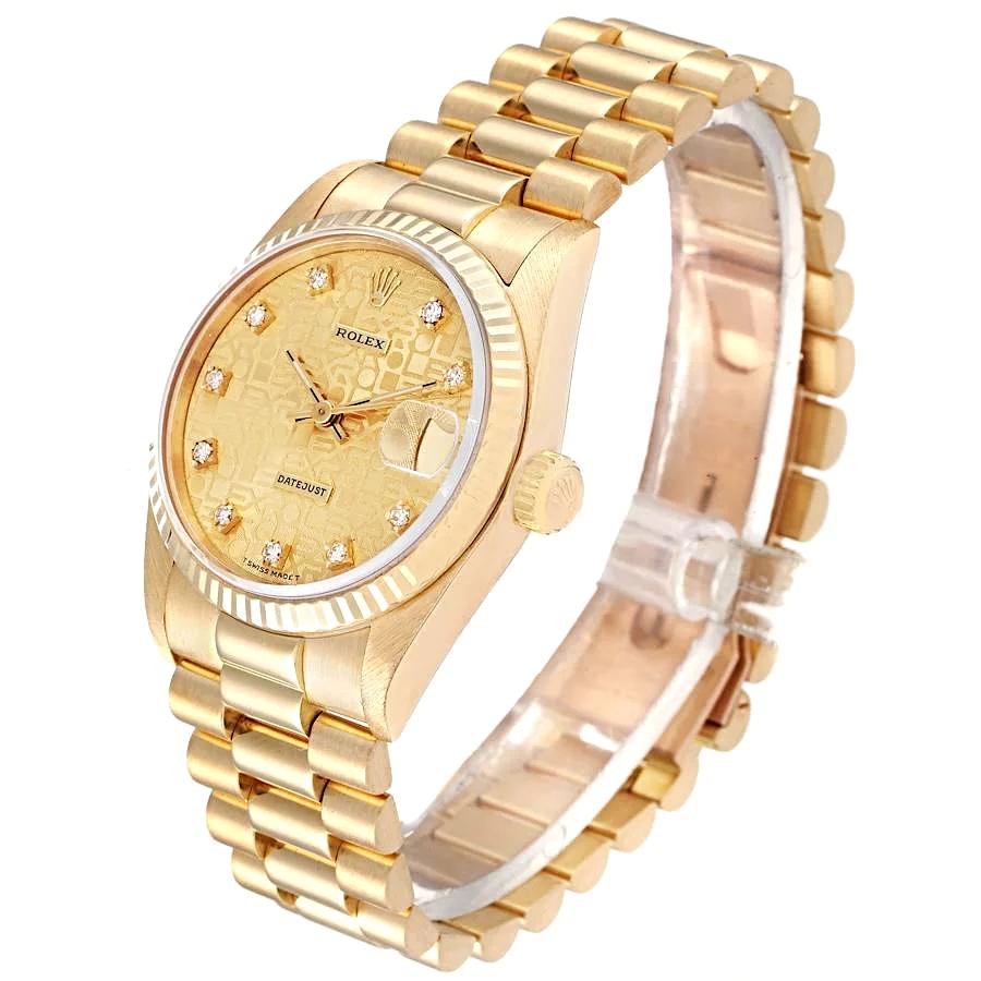 Ladies Rolex 31mm Midsize Presidential 18K Solid Yellow Gold Watch with Champagne Anniversary Diamond Dial and Fluted Bezel. (Pre-Owned 68278)