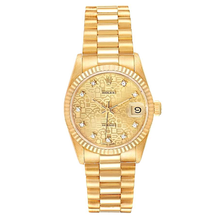 Ladies Rolex 31mm Midsize Presidential 18K Solid Yellow Gold Watch with Champagne Anniversary Diamond Dial and Fluted Bezel. (Pre-Owned 68278)