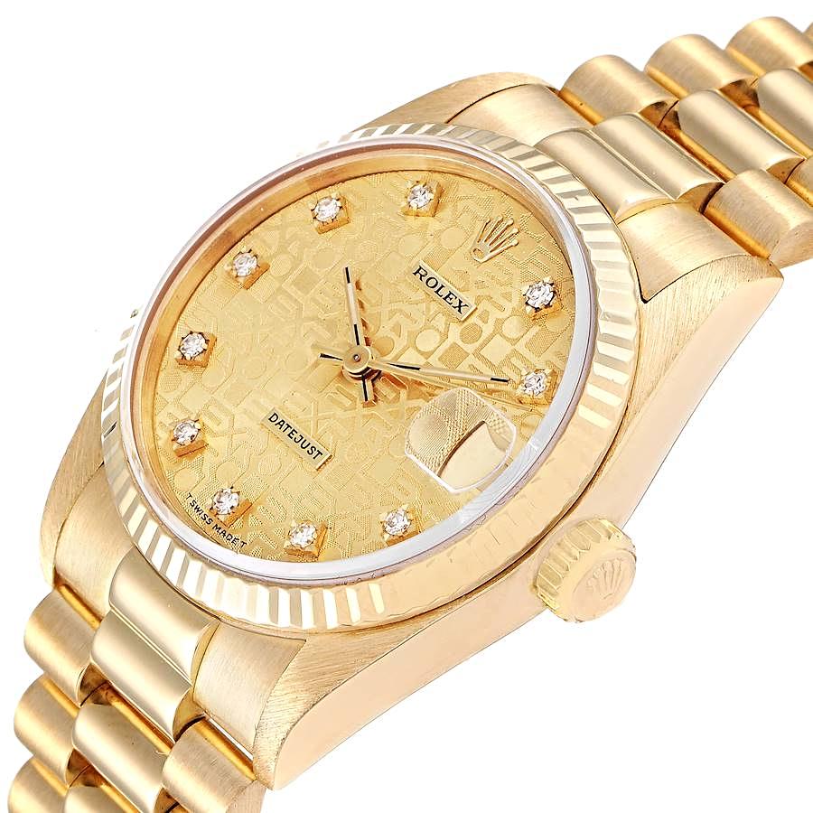 Ladies Rolex 31mm Midsize Presidential 18K Solid Yellow Gold Watch with Champagne Anniversary Diamond Dial and Fluted Bezel. (Pre-Owned 68278)