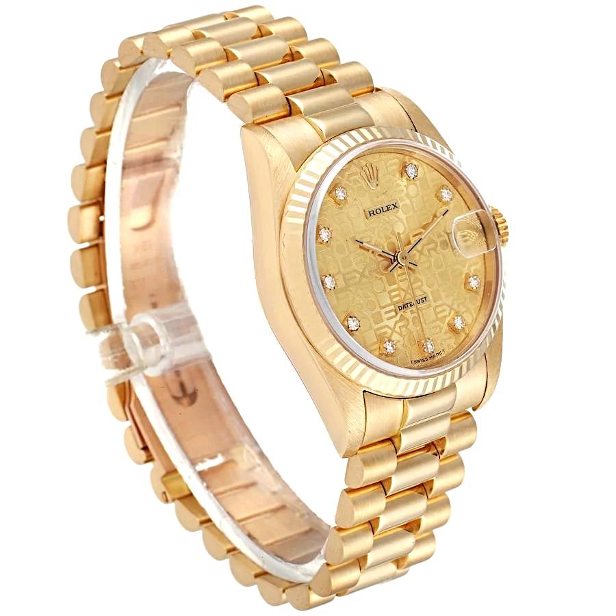 Ladies Rolex 31mm Midsize Presidential 18K Solid Yellow Gold Watch with Champagne Anniversary Diamond Dial and Fluted Bezel. (Pre-Owned 68278)