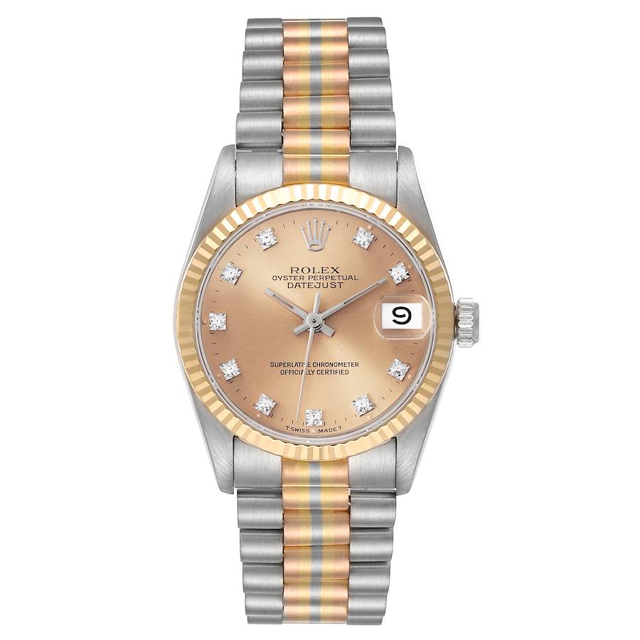 Ladies Rolex 31mm Midsize Tridor Tri-Color Presidential 18K Rose / White Gold Watch with Bronze Diamond Dial and Fluted Bezel. (Pre-Owned 68279)