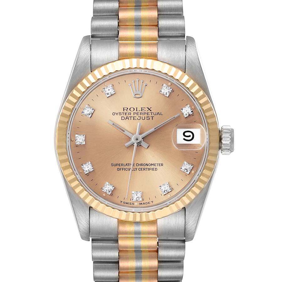 Ladies Rolex 31mm Midsize Tridor Tri-Color Presidential 18K Rose / White Gold Watch with Bronze Diamond Dial and Fluted Bezel. (Pre-Owned 68279)