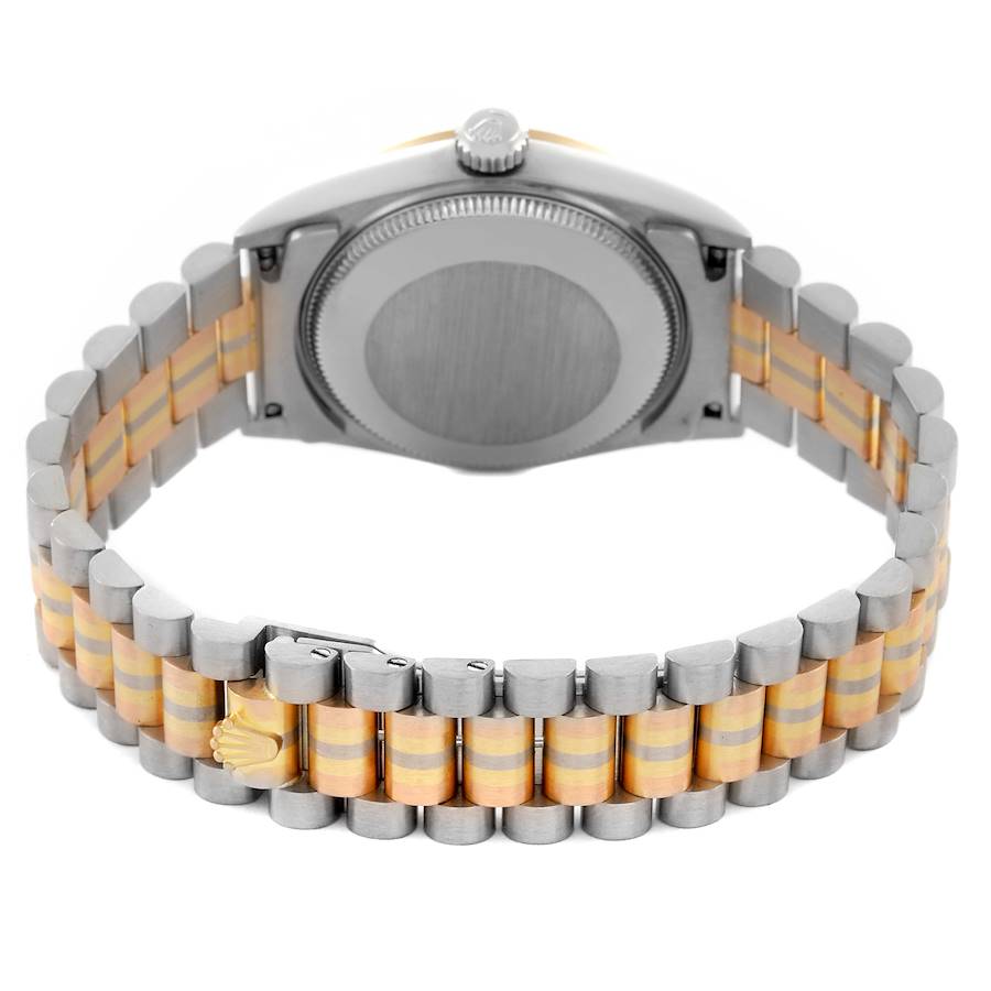 Ladies Rolex 31mm Midsize Tridor Tri-Color Presidential 18K Rose / White Gold Watch with Bronze Diamond Dial and Fluted Bezel. (Pre-Owned 68279)