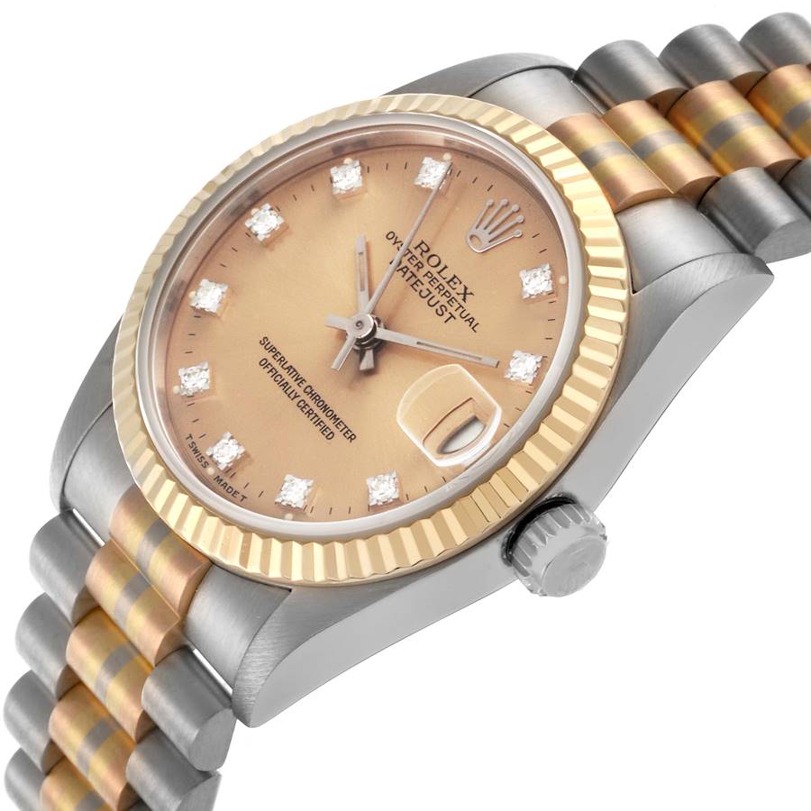Ladies Rolex 31mm Midsize Tridor Tri-Color Presidential 18K Rose / White Gold Watch with Bronze Diamond Dial and Fluted Bezel. (Pre-Owned 68279)