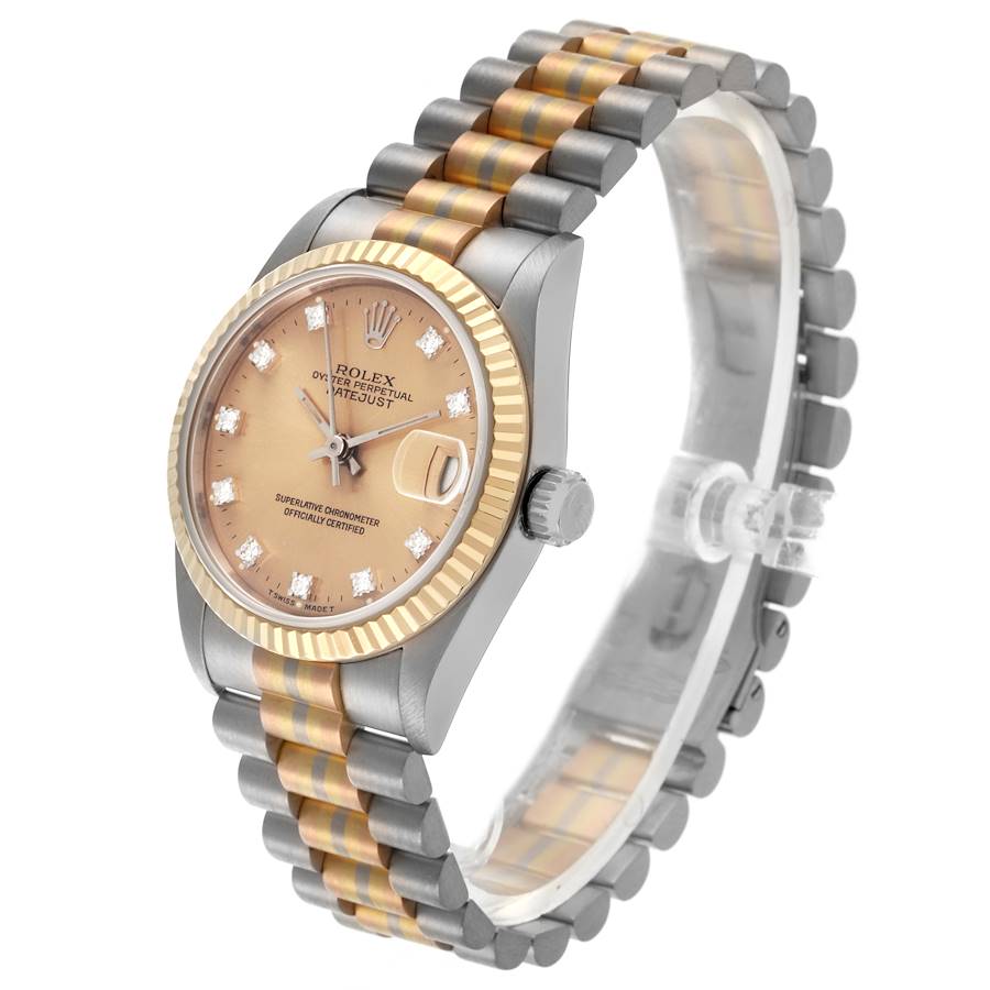 Ladies Rolex 31mm Midsize Tridor Tri-Color Presidential 18K Rose / White Gold Watch with Bronze Diamond Dial and Fluted Bezel. (Pre-Owned 68279)